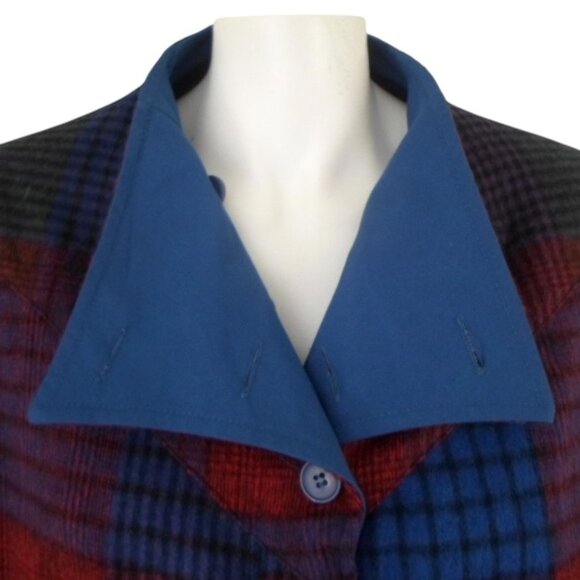 Vintage PORTRAIT Reversible Poncho Cape Blue Patchwork Plaid Print - Picture 10 of 12